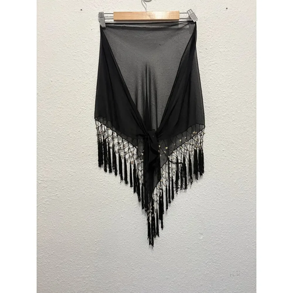 Beaded Black Sheer Shawl Bandana Hippie Y2K Seashell Coastal Wrap